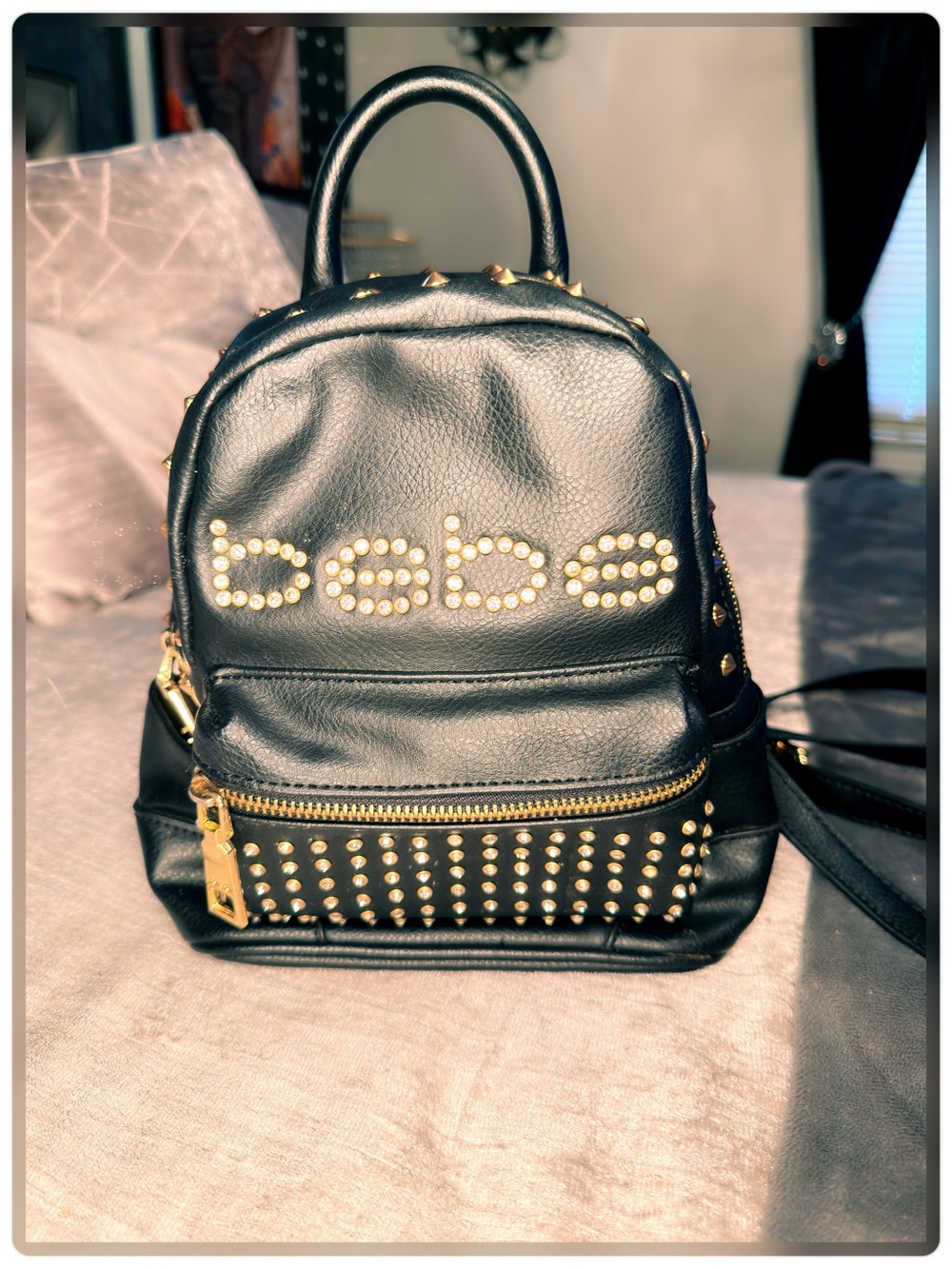 bebe Black Mini Crystal Studded Backpack with Gold Hardware